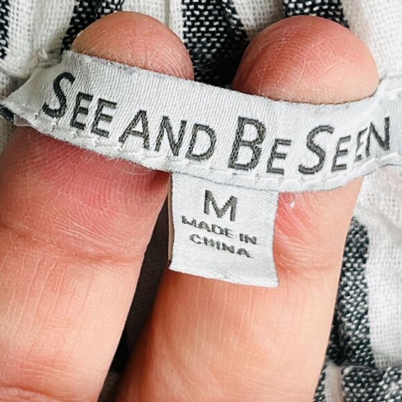 See And Be Seen Black Stripe Blouse Size M Off The Shoulder Embroidery Fringe - Picture 8 of 11